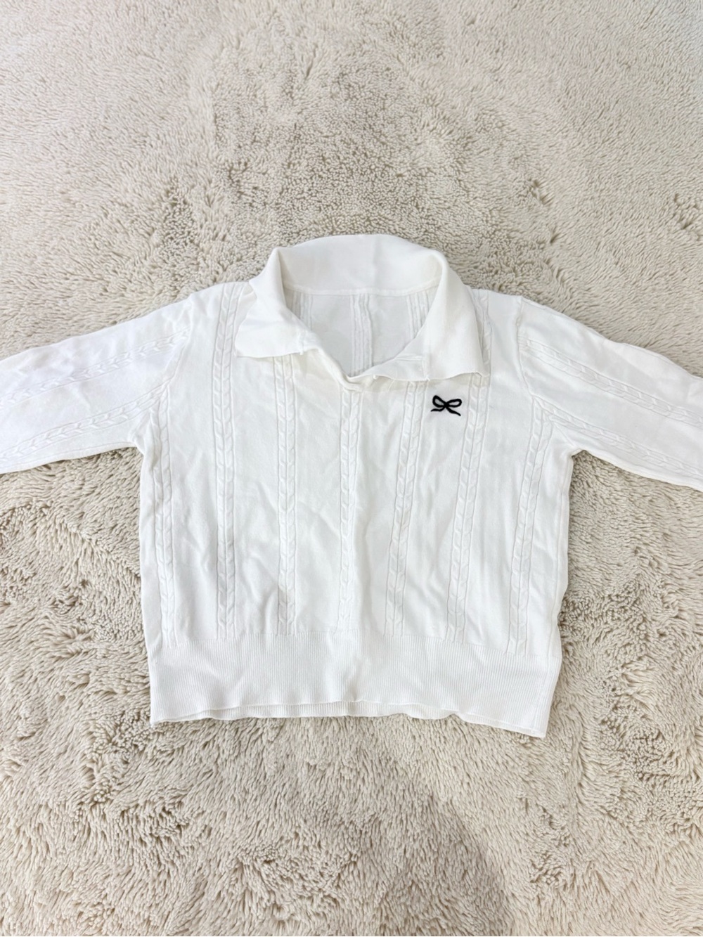 White Soft Knit Collared Top with Cute Bow Embroidery